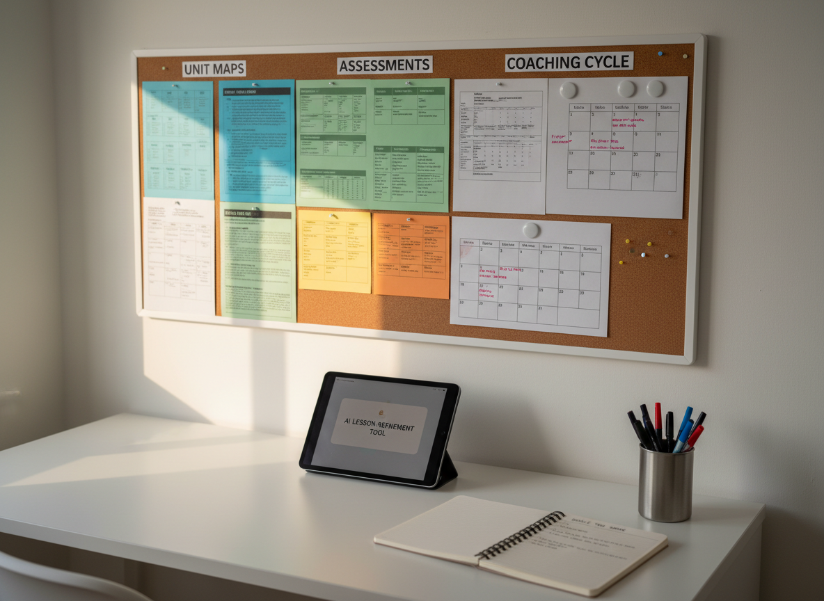 A thoughtfully arranged instructional planning corner, featuring a large corkboard and magnetic board combination on a soft white wall, filled with printed unit maps, sample formative assessments, and calendar pages outlining a coaching cycle, all color-coded and aligned with clear headings. Below, a streamlined white desk holds a tablet displaying an AI lesson-refinement tool, an open notebook with tidy handwritten goals, and a set of high-quality pens in a brushed metal holder. Natural afternoon light pours in from a nearby unseen window, casting warm, gentle shadows and illuminating paper textures and subtle pinholes in the cork. Photographed from a slightly elevated angle with a shallow depth of field, the foreground materials are crisp while the edges softly blur, creating an enhanced, professional, and calm atmosphere that reflects purposeful instructional leadership.