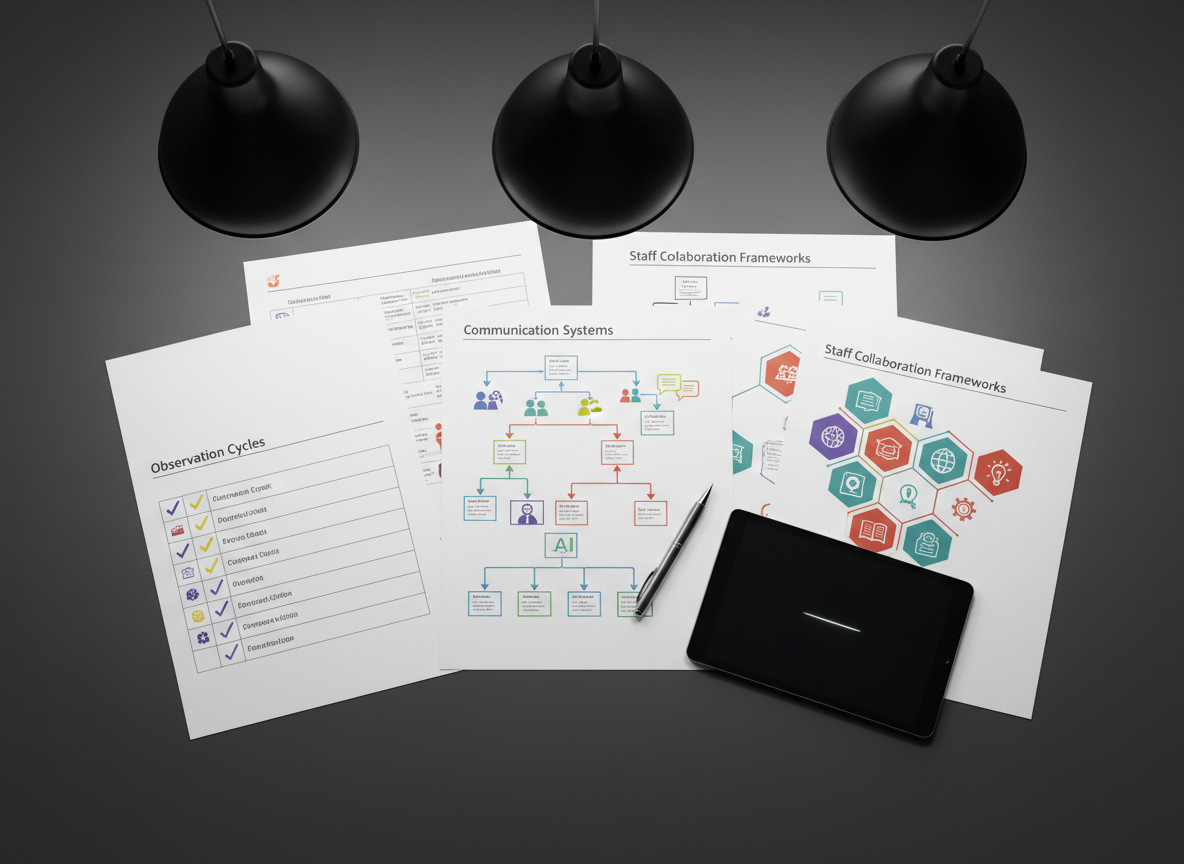 A polished, professional “school systems blueprint” laid out across a broad matte charcoal tabletop, composed of detailed diagrams printed on thick, bright-white paper: flowcharts for communication systems, checklists for observation cycles, and frameworks for staff collaboration. Colorful but refined icons and arrows connect each component. A slim, metallic pen rests diagonally on the central page, next to a closed tablet with a subtle glow at the edge of its screen, hinting at AI-powered planning tools. Overhead, diffused pendant lighting casts even illumination with soft, controlled shadows, highlighting paper edges and ink contrast. Shot from a top-down, bird’s-eye perspective, the composition is meticulously organized, with crisp, enhanced realism that conveys structure, clarity, and the confidence of well-designed school leadership systems.
