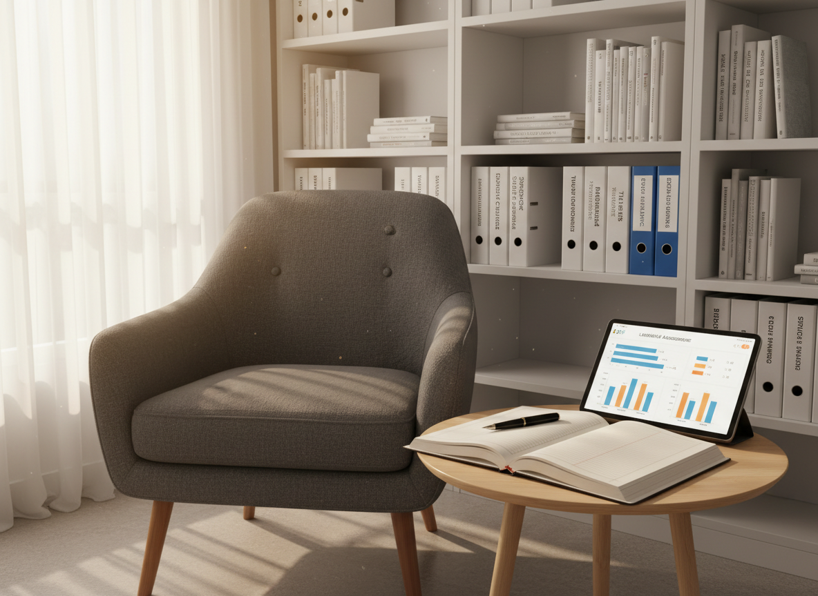 A serene, well-organized “reflection nook” for school leaders, centered on a comfortable, unoccupied reading chair upholstered in textured gray fabric beside a small round wooden side table. On the table rest a cloth-bound leadership journal opened to a page of neatly ruled lines, a fine-point pen, and a tablet paused on a leadership self-assessment dashboard. Behind, built-in white bookshelves display systematically arranged binders and books labeled with themes like “Instructional Leadership,” “School Culture,” and “Time Management Systems.” Soft late-afternoon light filters through sheer curtains off-frame, creating a warm, contemplative glow and gentle shadows. Captured at eye level with a balanced, rule-of-thirds composition and enhanced photographic realism, the mood is calm, reflective, and purposeful, emphasizing intentional growth and sustainable leadership practices.