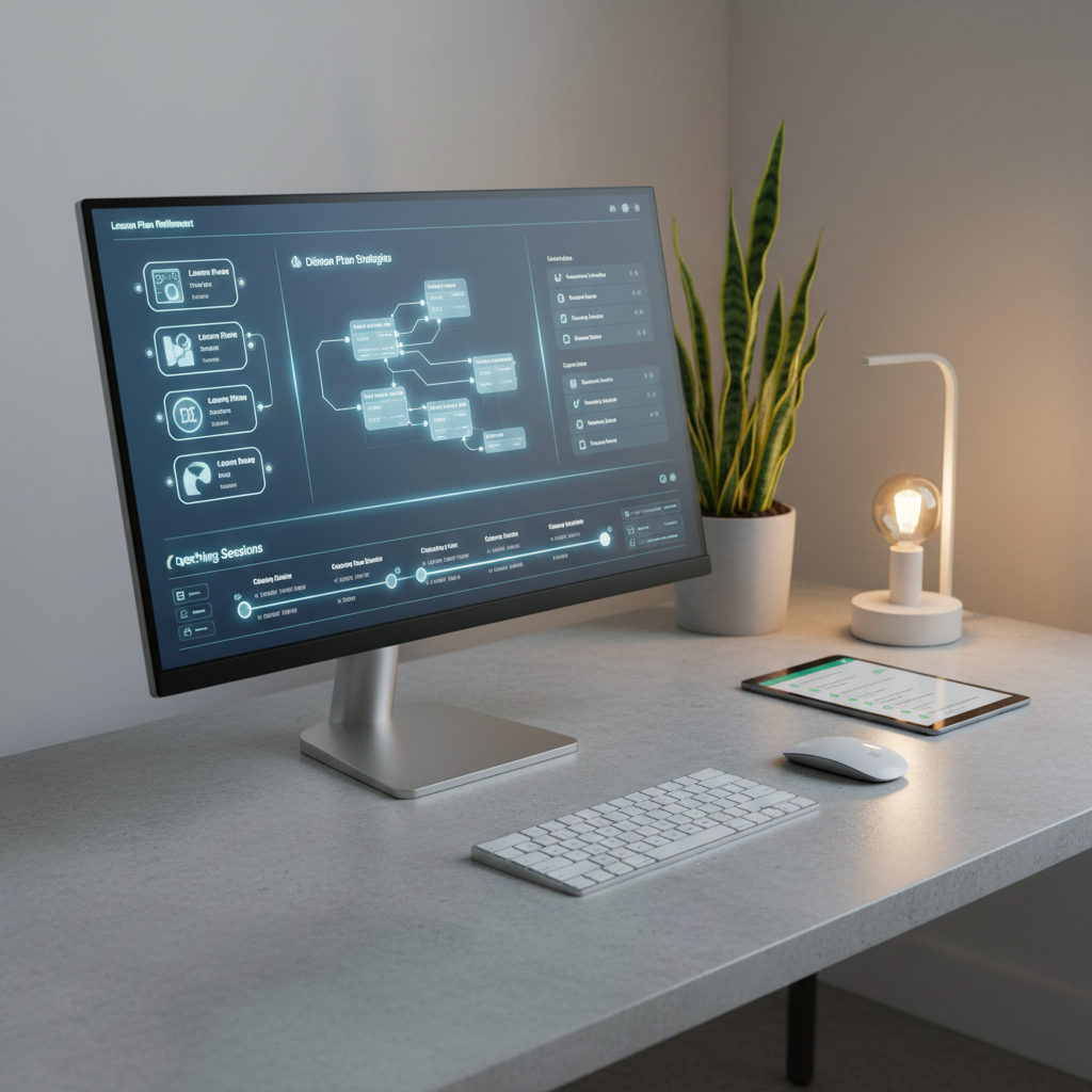 A high-tech “AI co-planning station” setup on a smooth, light concrete desk surface, featuring a large, ultra-thin monitor displaying a sophisticated interface that refines lesson plans, suggests differentiation strategies, and schedules coaching sessions on a clean timeline. Beside the monitor, a wireless keyboard and mouse are perfectly aligned, and a second tablet lays flat showing a checklist of time-saving automations for school leaders. A modest potted snake plant and a single, streamlined task lamp with a warm LED bulb add character without clutter. The lighting blends soft ambient overhead illumination with a gentle glow from the screens, creating subtle reflections and a focused atmosphere. Photographed from a three-quarter angle with sharp focus and enhanced realism, the scene feels innovative, efficient, and deeply supportive of educators’ workload and impact.