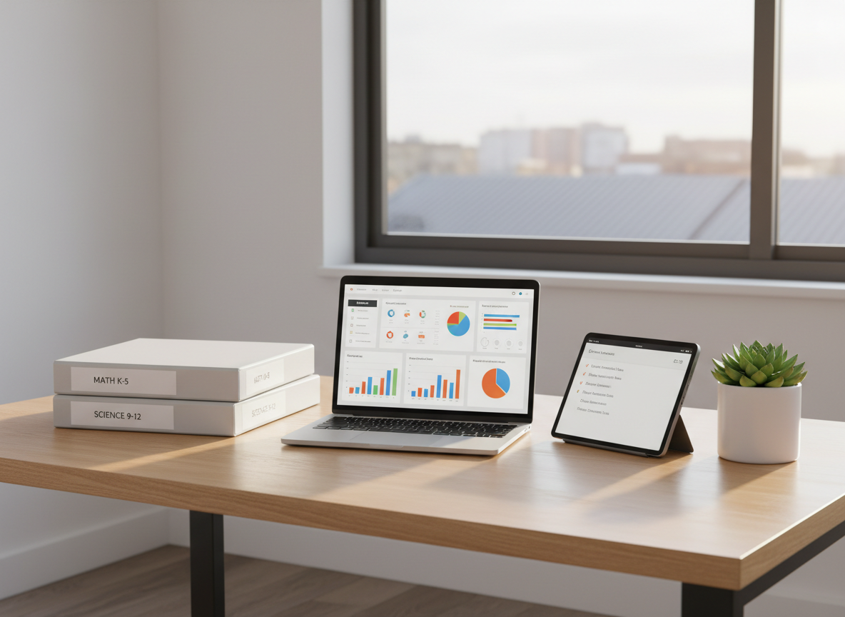 A clean, modern educational workspace without any people, featuring an open laptop on a light oak desk displaying colorful data dashboards about school performance. Around the laptop are neatly stacked curriculum binders with labeled spines, a slim tablet showing a checklist of instructional priorities, and a small ceramic planter with a thriving green plant. The scene is set in a bright, minimalist office with white walls and a large window revealing soft, defocused city rooftops. Morning daylight washes the space with even, diffused illumination, creating gentle shadows and subtle reflections on the desk surface. Captured at eye level with a slight angle, the composition emphasizes clarity and order, with photographic realism and a professional, polished aesthetic that suggests focus, strategy, and organized educational leadership.