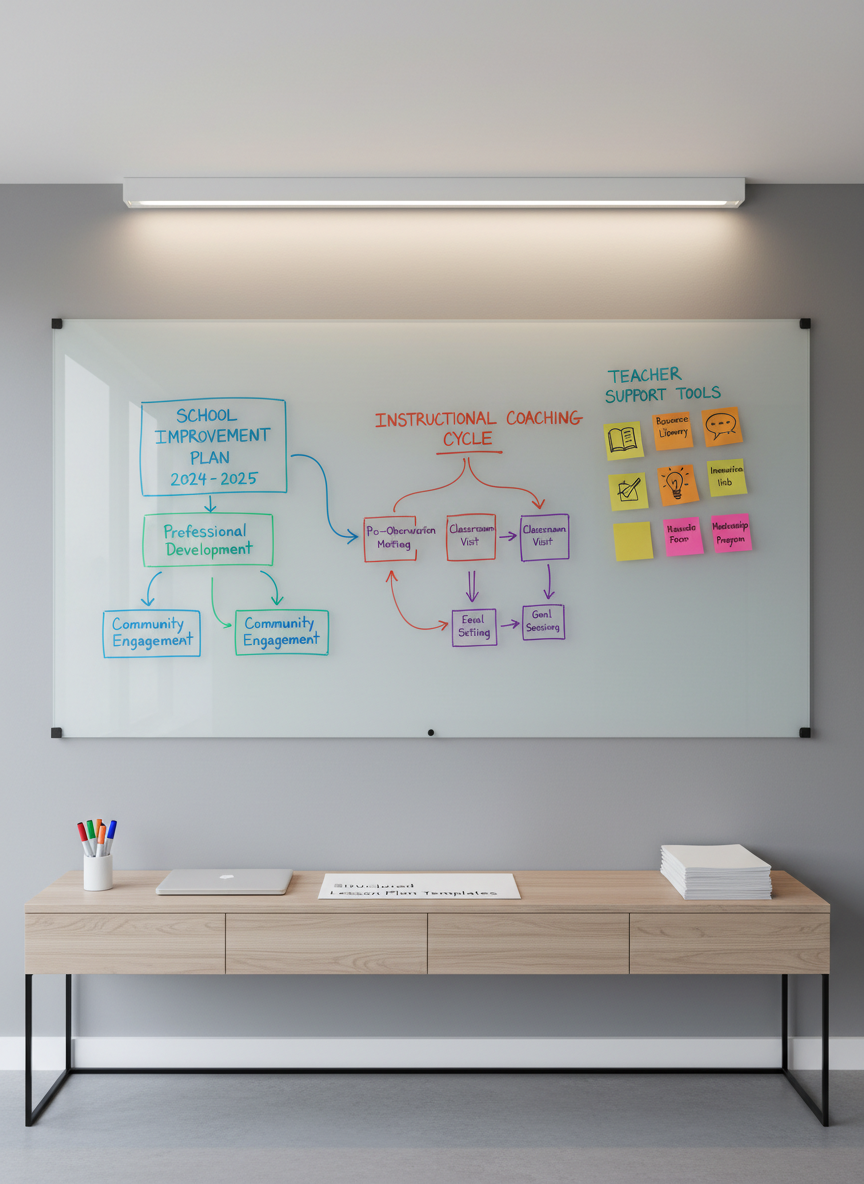 A large, clear glass whiteboard mounted on a matte dove-gray wall in a modern school planning room, filled with neatly written color-coded diagrams of a school improvement plan, flowcharts for instructional coaching cycles, and sticky-note style icons representing teacher support tools. Beneath the board sits a slim console table with organized markers, a closed laptop, and a stack of structured lesson-planning templates. Soft, even overhead lighting and indirect window light create a bright, shadow-free environment, emphasizing legibility and clarity. Shot straight-on with sharp focus across the entire frame, the composition feels balanced and intentional. The enhanced photographic style is clean and professional, conveying strategic thinking, long-term planning, and systematic support for educators and school leaders.