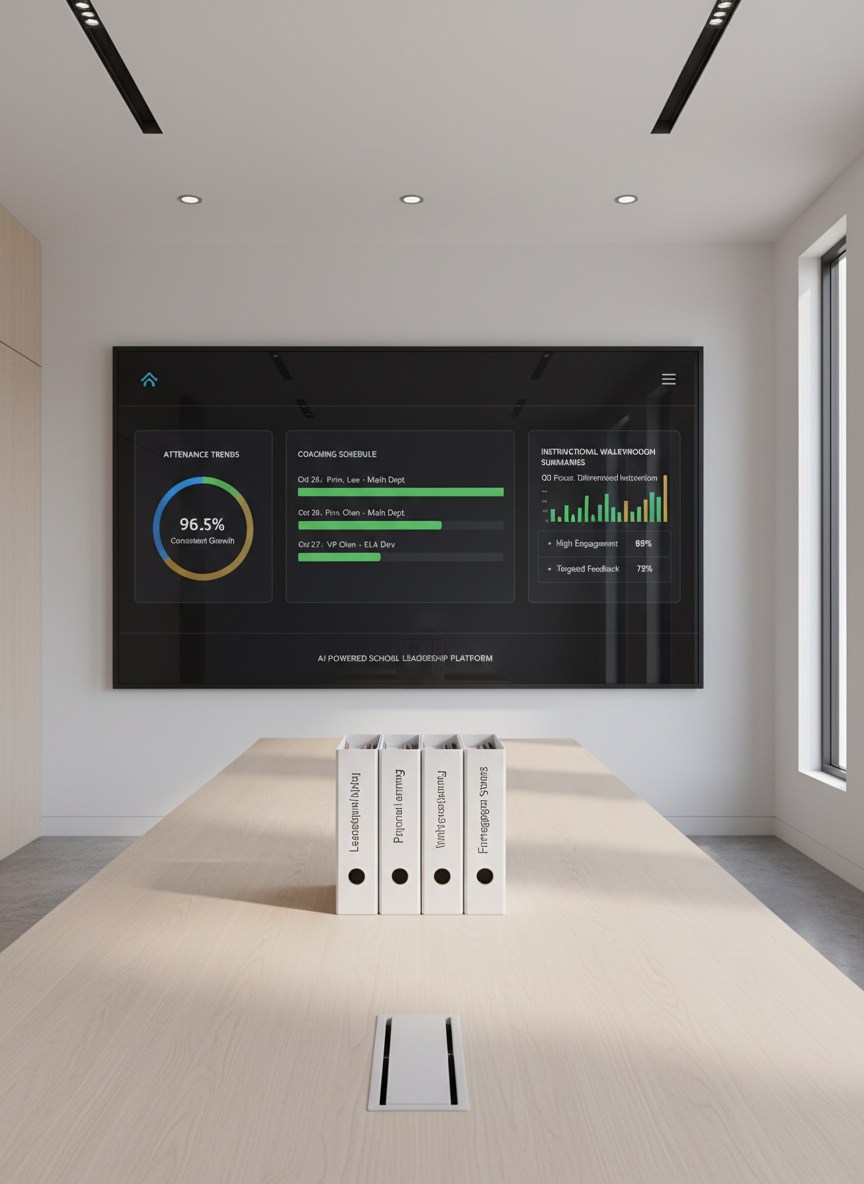 An elegant digital dashboard interface displayed on a large, frameless wall-mounted screen in a sleek school leadership conference room, showing AI-powered insights: attendance trends, coaching schedule timelines, and instructional walkthrough summaries in vibrant yet professional colors. A long, minimalist conference table of pale wood extends toward the screen, holding organized binders labeled “Leadership Playbook,” “Professional Learning,” and “Family Engagement Systems.” Discreet recessed ceiling lights and soft natural side light from tall windows combine to create a calm, evenly lit atmosphere. The image is captured from a slightly low, centered perspective looking toward the screen, giving a sense of purpose and direction. The mood is confident and future-focused, with a clean, enhanced, realistic style emphasizing data-informed school leadership and efficient systems.